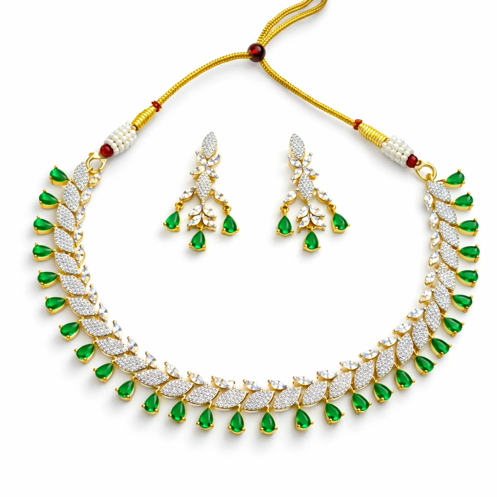 Elegant Green Teardrop Leaf Design Necklace Set with Earrings | AD Wedding Jewellery
