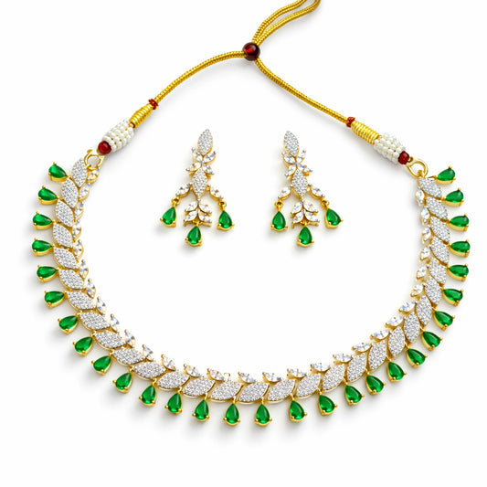 Elegant Green Teardrop Leaf Design Necklace Set with Earrings | AD Wedding Jewellery