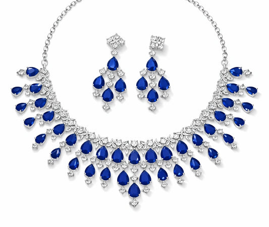 Blue Stone Choker Necklace Set with Earrings | American Diamond Artificial Bridal Jewellery