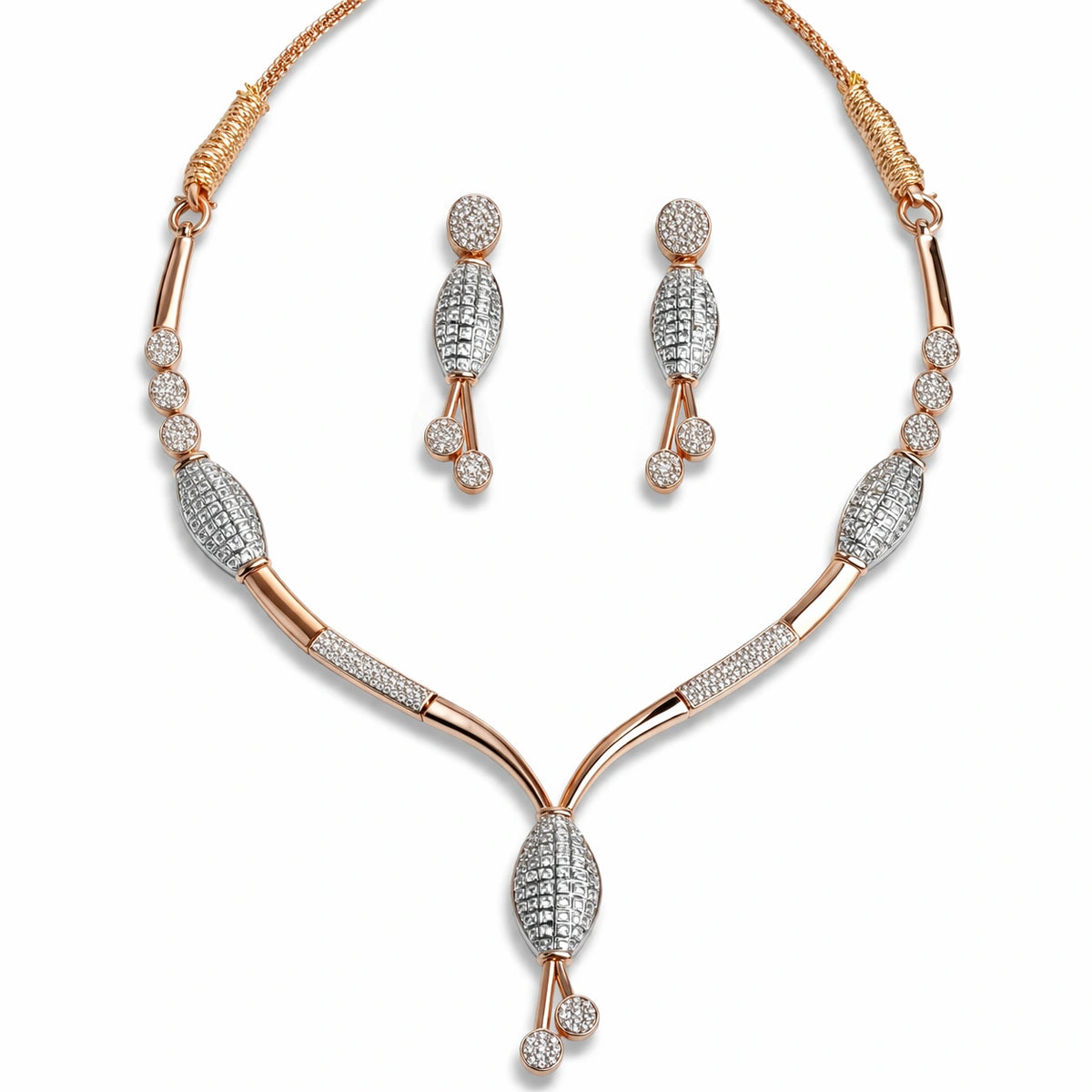 Rose Gold Designer Necklace Set with Earrings | American Diamond Artificial Jewellery for Women