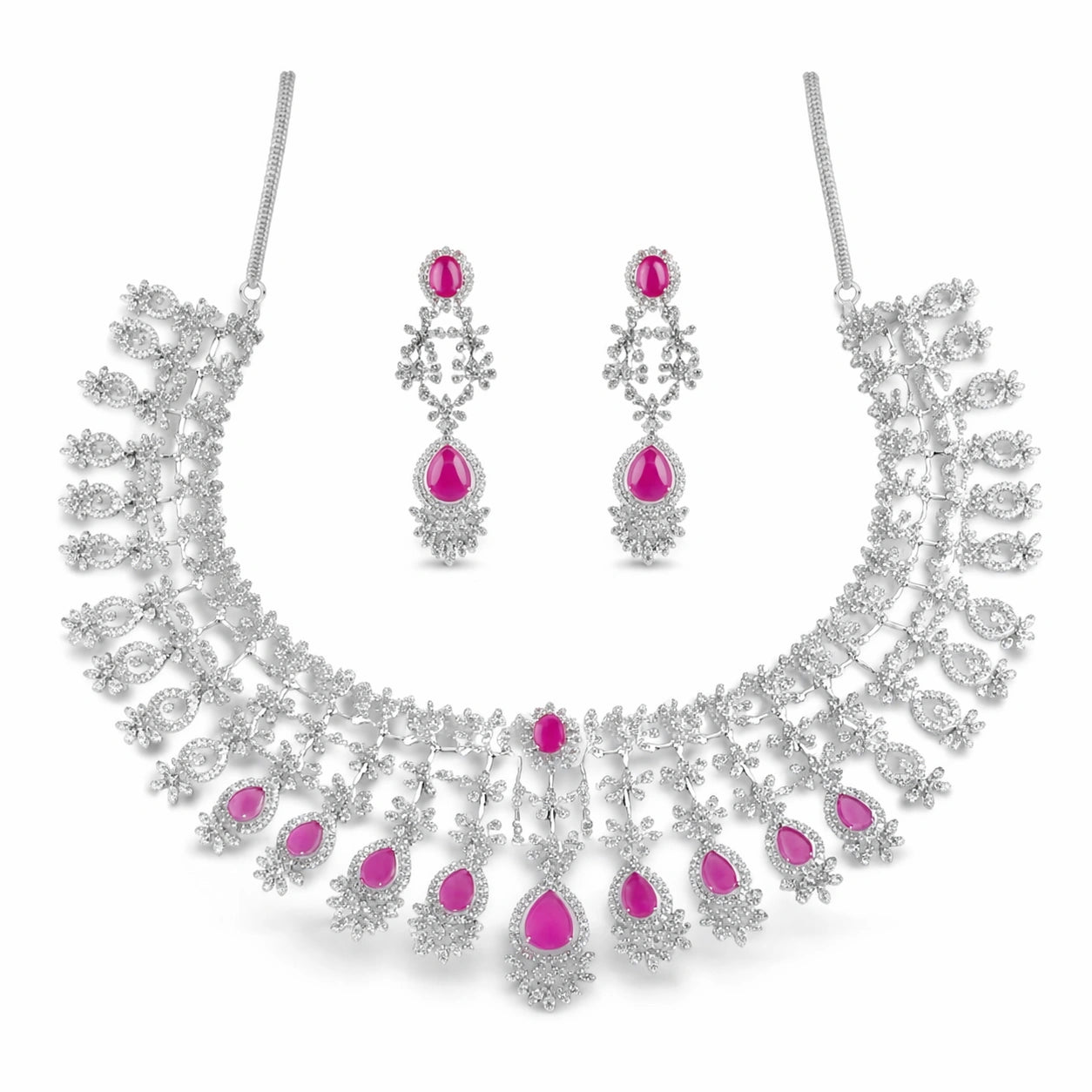 Pink Stone Choker Necklace Set with Earrings | American Diamond Bridal Artificial Jewellery