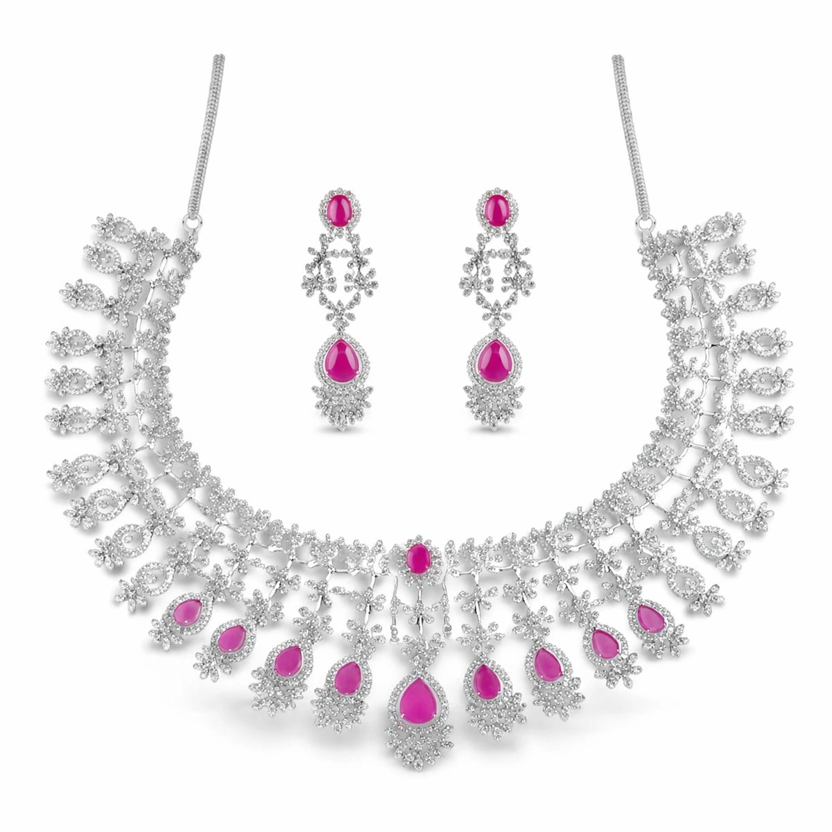 Pink Stone Choker Necklace Set with Earrings | American Diamond Bridal Artificial Jewellery
