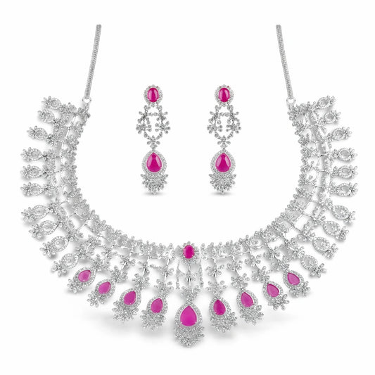 Pink Stone Choker Necklace Set with Earrings | American Diamond Bridal Artificial Jewellery
