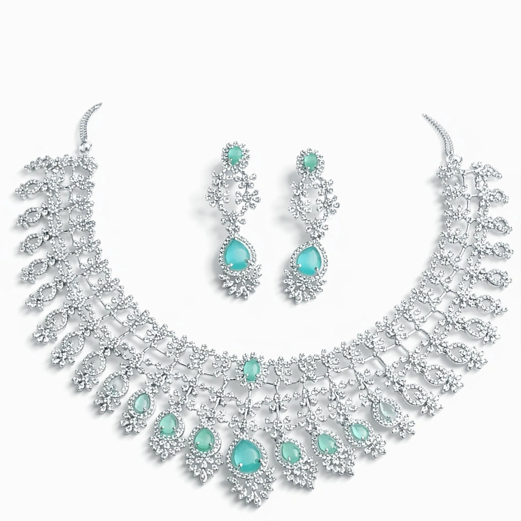 Sea Green Stone Choker Necklace Set with Earrings | American Diamond Bridal Artificial Jewellery