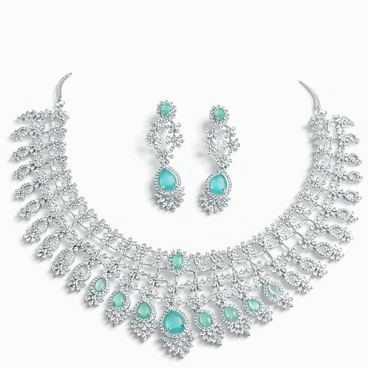 Sea Green Stone Choker Necklace Set with Earrings | American Diamond Bridal Artificial Jewellery