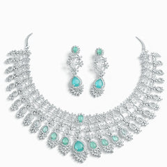 Sea Green Stone Choker Necklace Set with Earrings | American Diamond Bridal Artificial Jewellery
