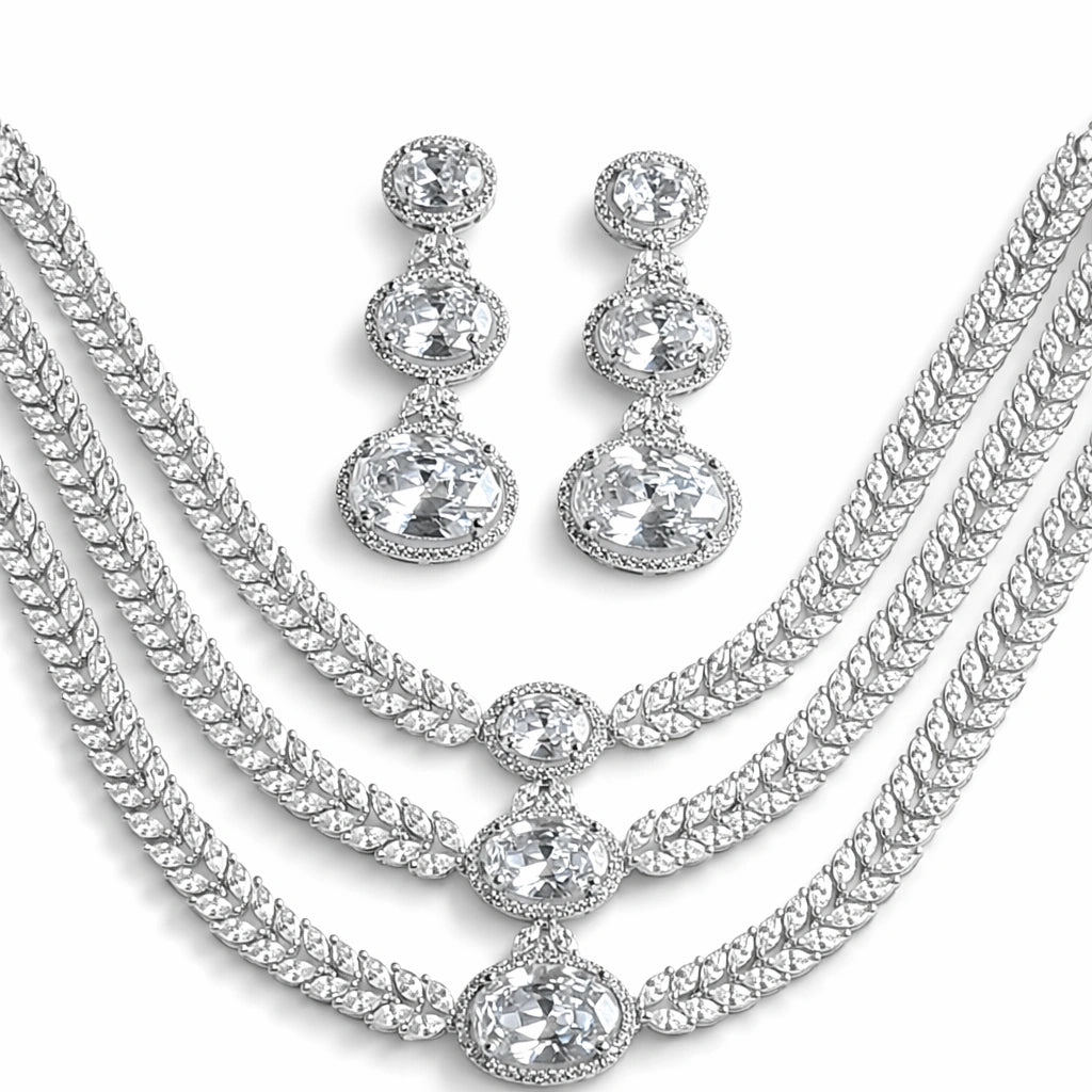 Elegant Multi-Layer Crystal Necklace Set with Earrings | Luxury AD Wedding Jewellery