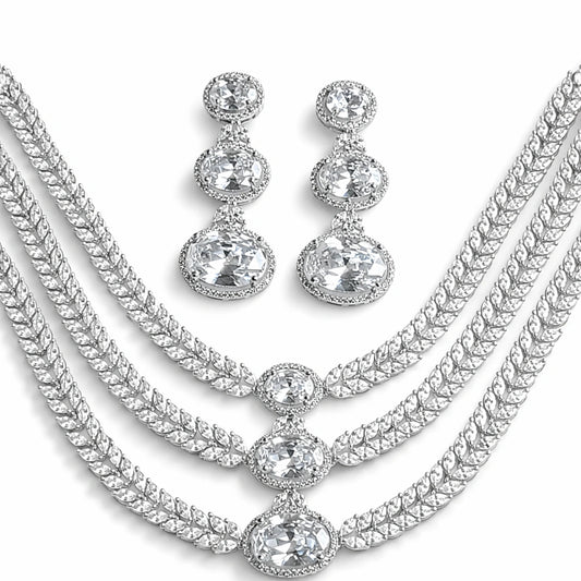 Elegant Multi-Layer Crystal Necklace Set with Earrings | Luxury AD Wedding Jewellery