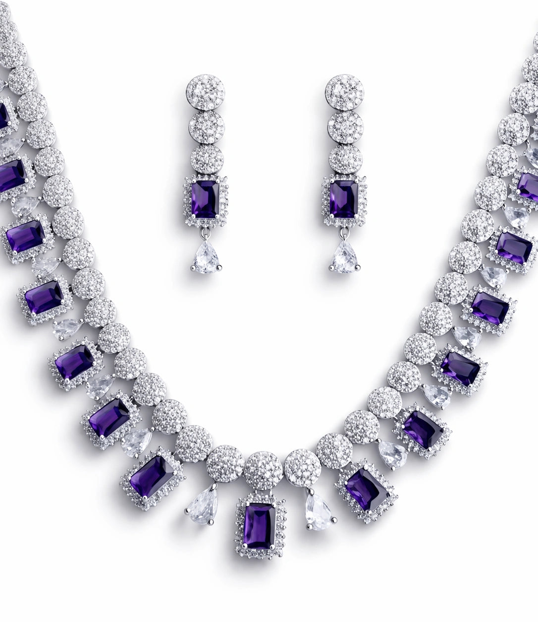 Luxury Purple Crystal & Diamond Necklace Set with Earrings | Statement Bridal Jewellery
