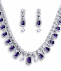 Luxury Purple Crystal & Diamond Necklace Set with Earrings | Statement Bridal Jewellery