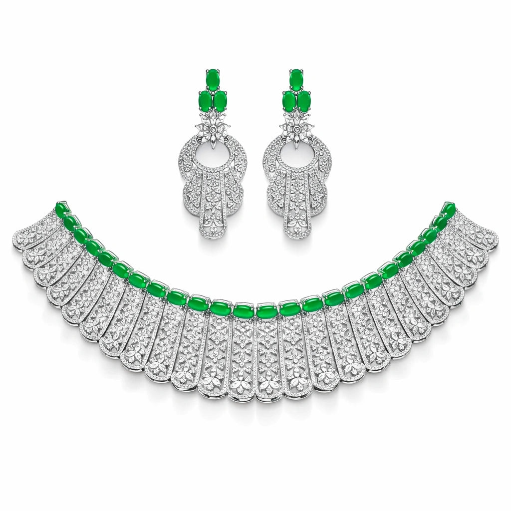 Elegant Green Emerald Style Stone Choker Set with Earrings | Luxury AD Wedding Jewellery