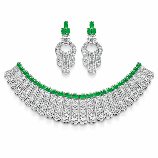 Elegant Green Emerald Style Stone Choker Set with Earrings | Luxury AD Wedding Jewellery