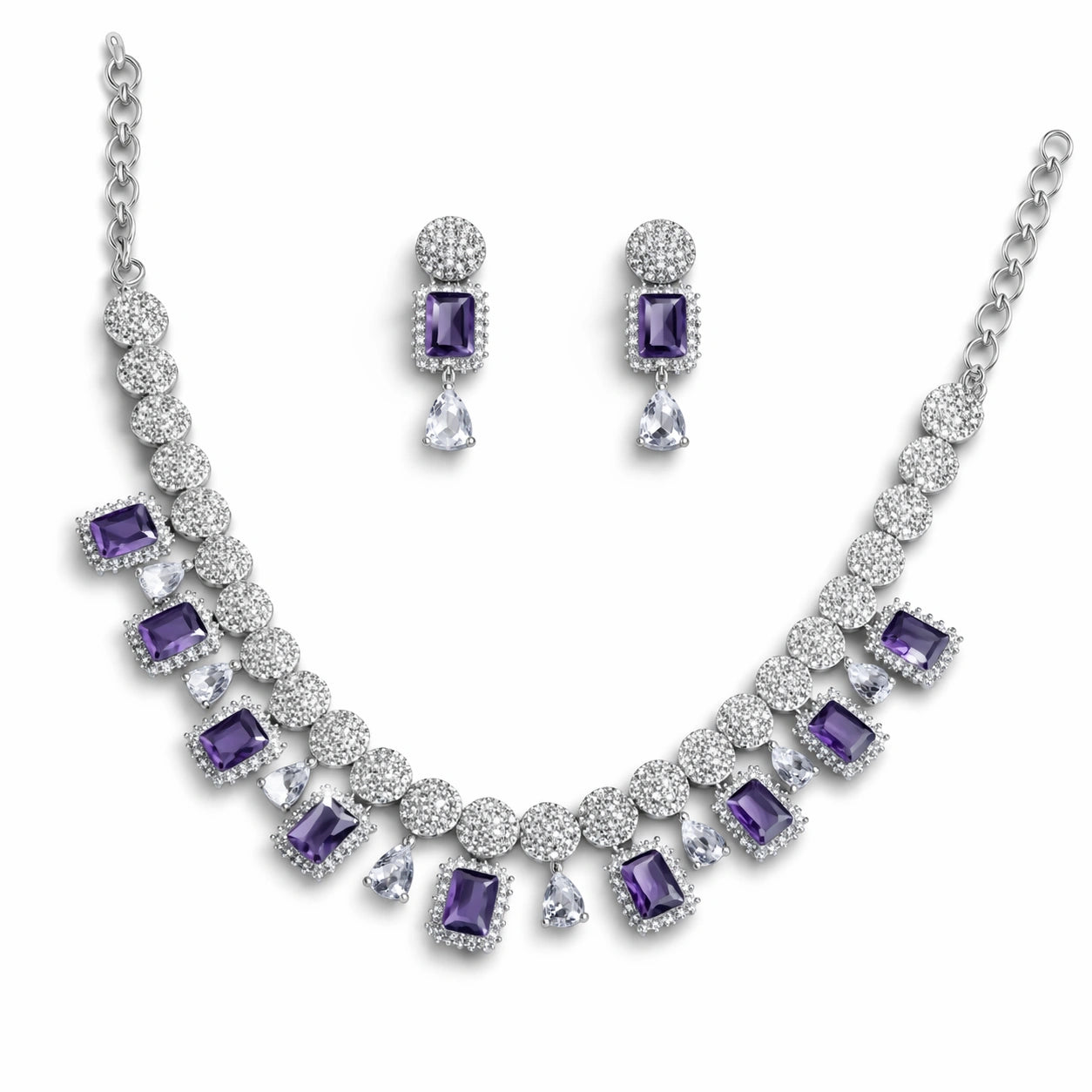 Elegant Purple Crystal & Diamond Necklace Set with Drop Earrings | Luxury Bridal Jewellery