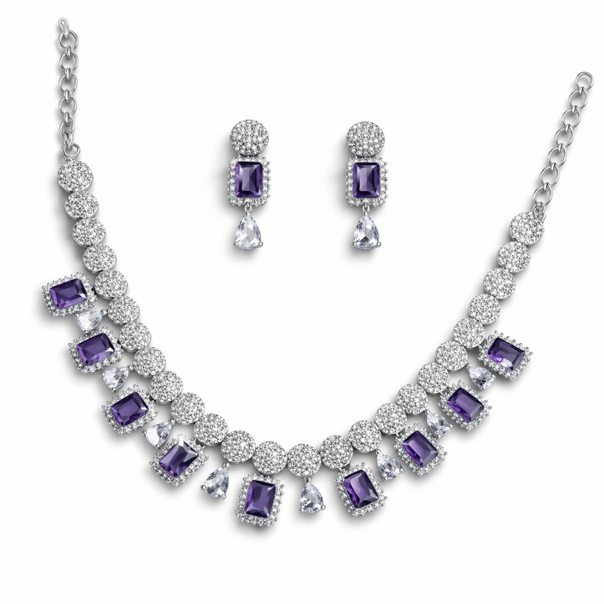 Elegant Purple Crystal & Diamond Necklace Set with Drop Earrings | Luxury Bridal Jewellery