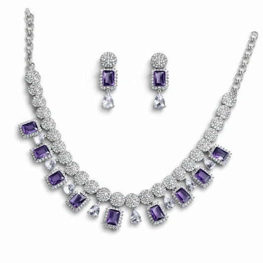 Elegant Purple Crystal & Diamond Necklace Set with Drop Earrings | Luxury Bridal Jewellery
