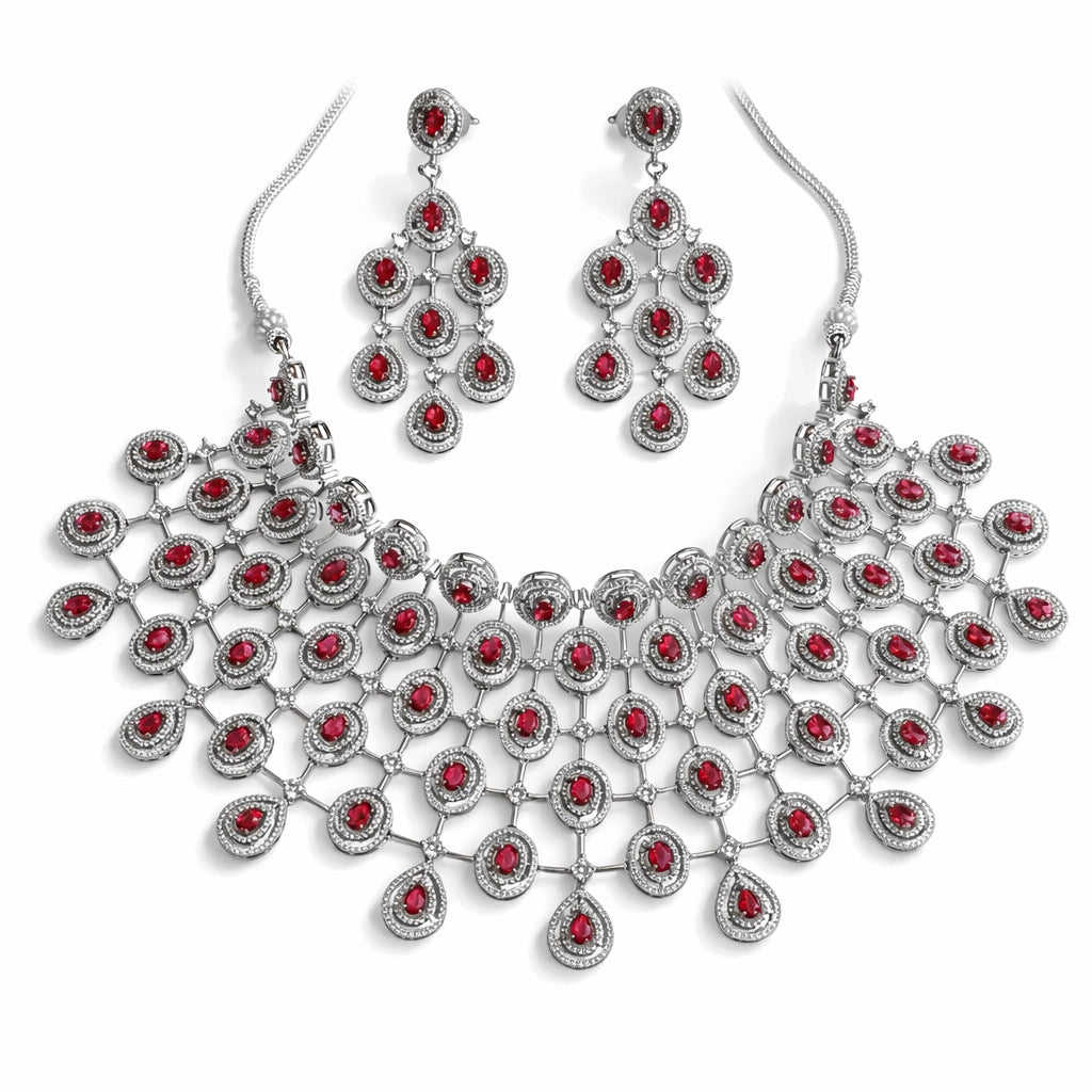 Luxury Ruby Red Stone Statement Choker Set with Earrings | Heavy Bridal AD Jewellery