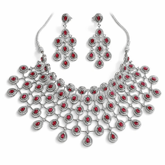 Luxury Ruby Red Stone Statement Choker Set with Earrings | Heavy Bridal AD Jewellery