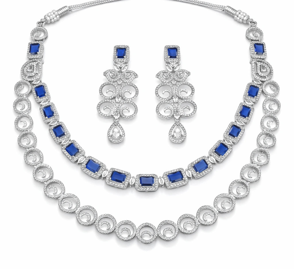 Blue Stone Necklace Set with Earrings for Women | American Diamond Artificial Jewellery Party Wear