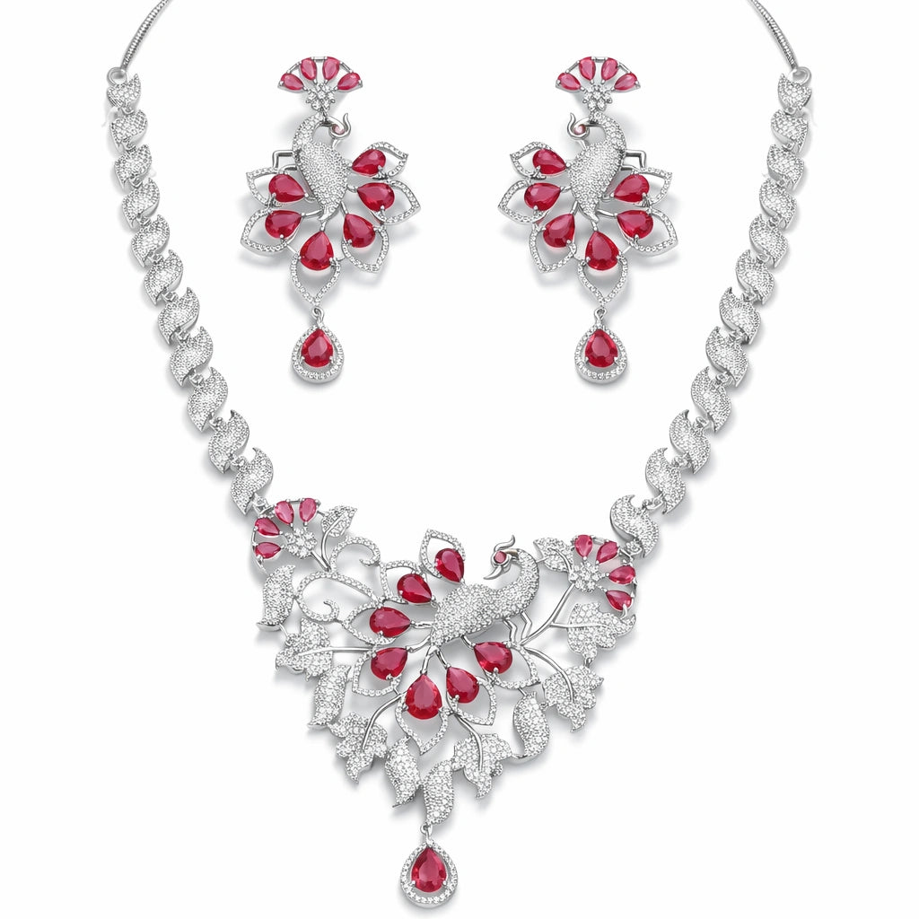 Luxury Peacock Design Red Stone Necklace Set with Earrings | Statement Bridal AD Jewellery
