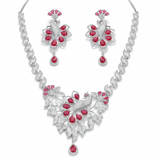 Luxury Peacock Design Red Stone Necklace Set with Earrings | Statement Bridal AD Jewellery