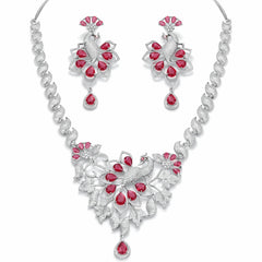 Luxury Peacock Design Red Stone Necklace Set with Earrings | Statement Bridal AD Jewellery