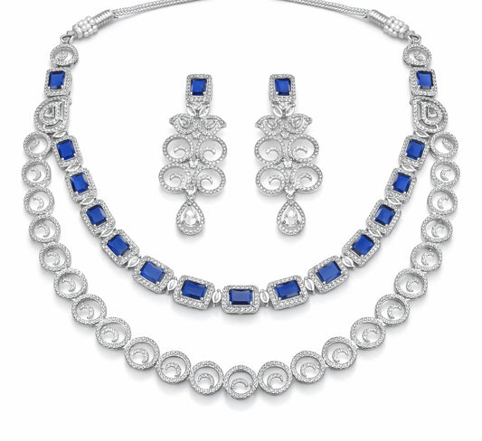Blue Stone Necklace Set with Earrings for Women | American Diamond Artificial Jewellery Party Wear
