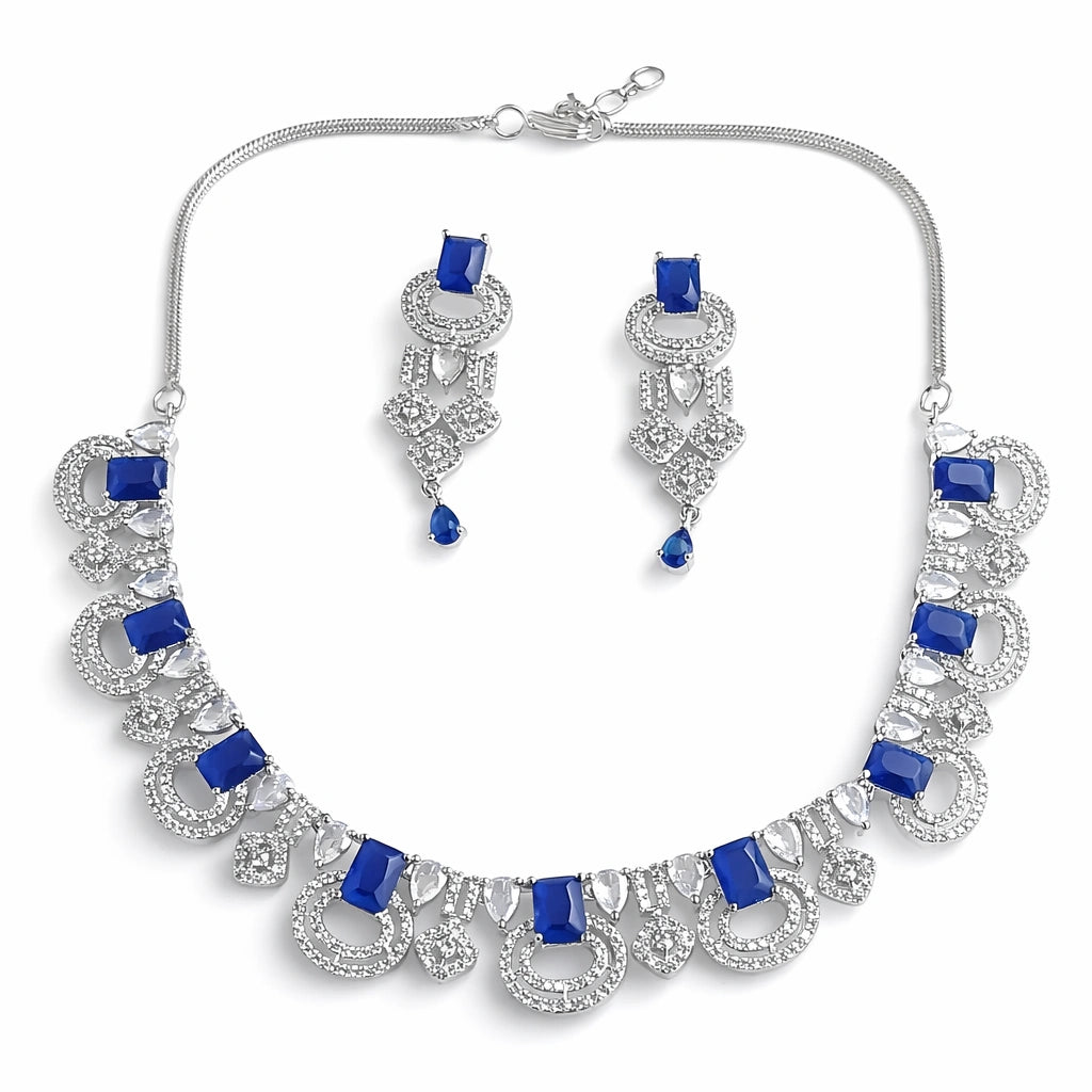 Blue Stone Necklace Set with Earrings for Women | American Diamond Artificial Jewellery Party Wear