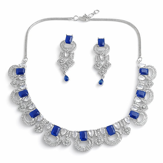 Blue Stone Necklace Set with Earrings for Women | American Diamond Artificial Jewellery Party Wear