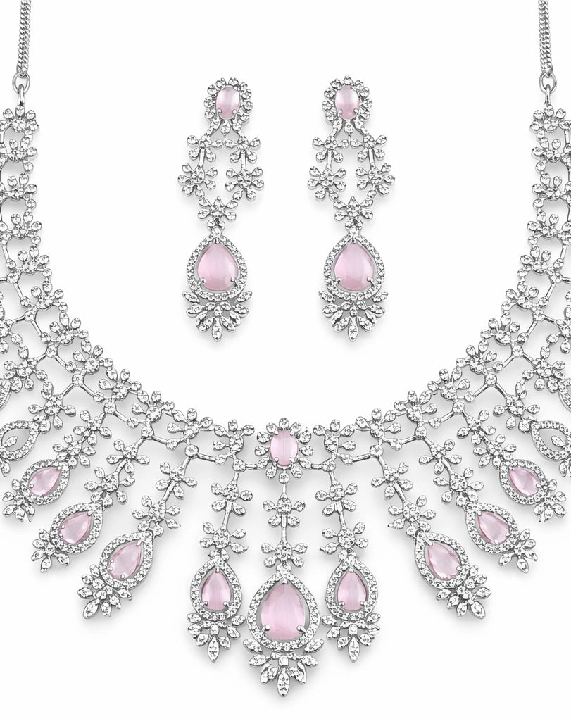 Elegant Pink Crystal Choker Necklace Set with Earrings | AD Artificial Bridal Wedding Jewellery