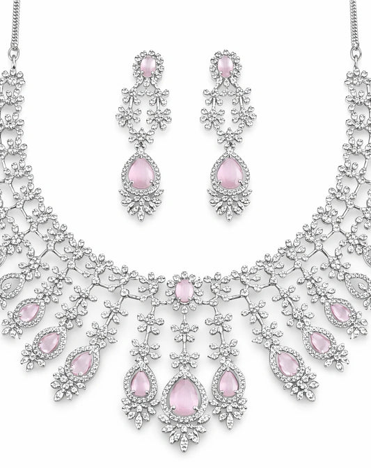 Elegant Pink Crystal Choker Necklace Set with Earrings | AD Artificial Bridal Wedding Jewellery
