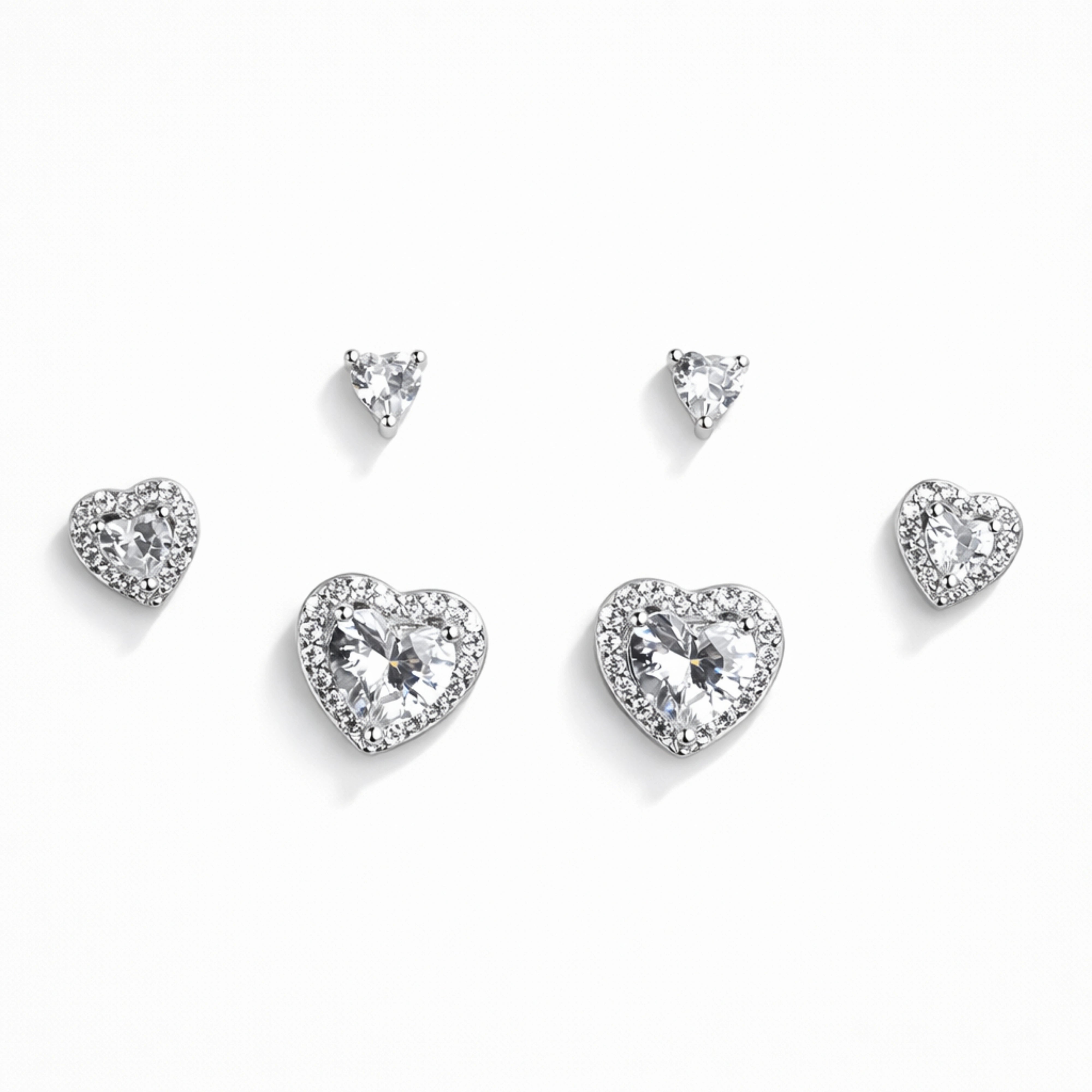 925 Sterling Silver 3 Pair Stud Earrings Set | Heart & Triangle CZ Earrings