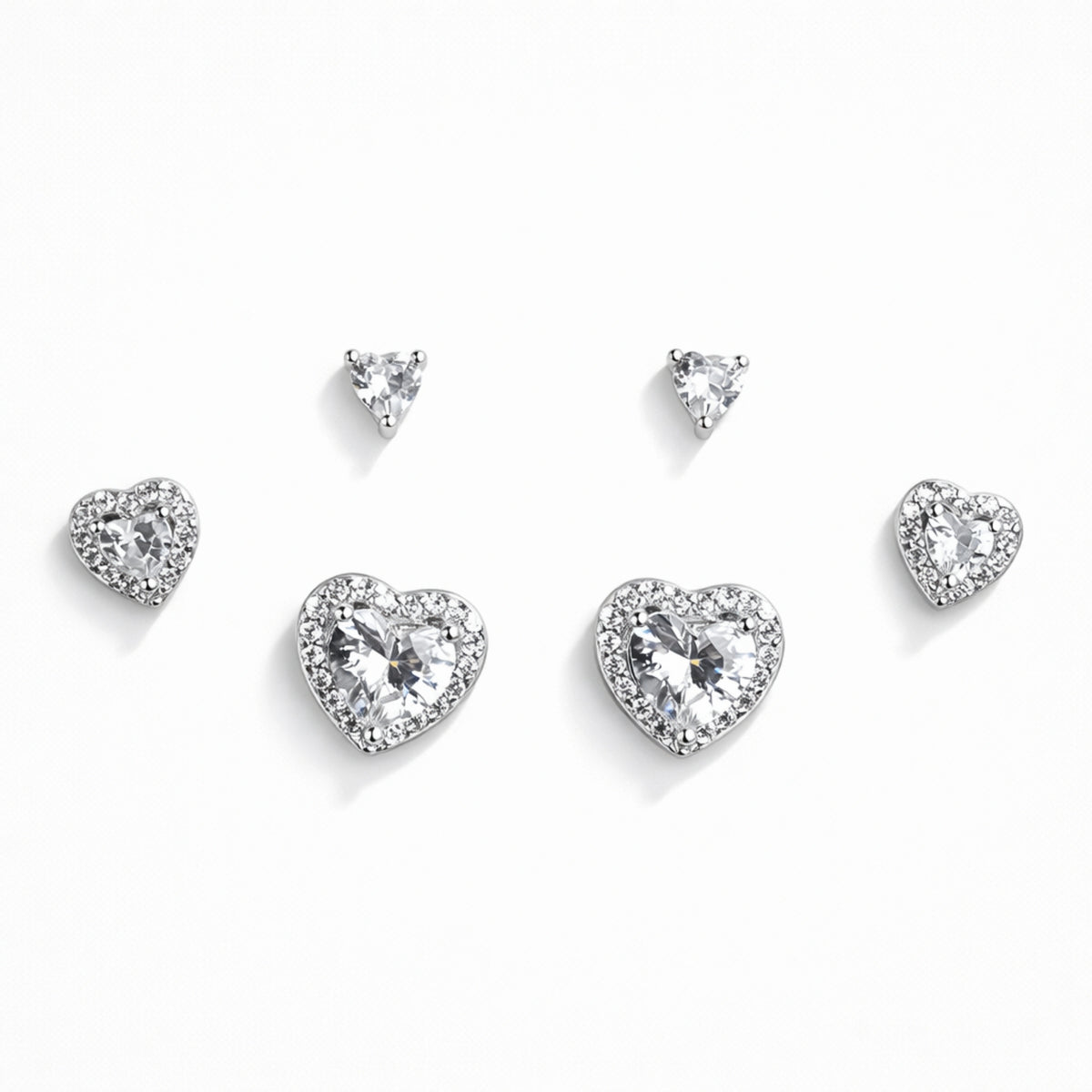 925 Sterling Silver 3 Pair Stud Earrings Set | Heart & Triangle CZ Earrings