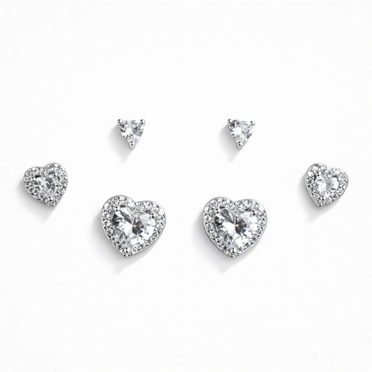925 Sterling Silver 3 Pair Stud Earrings Set | Heart & Triangle CZ Earrings