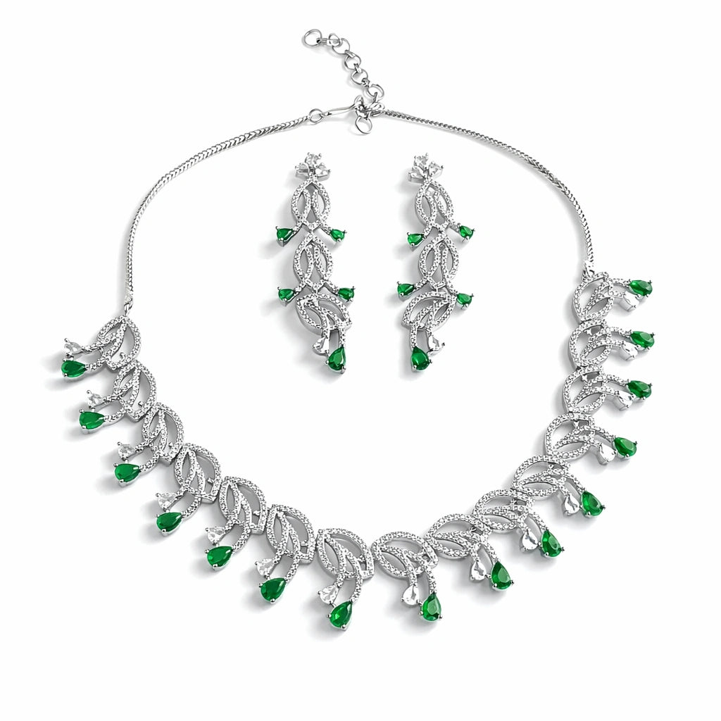 Green Stone Necklace Set with Earrings for Women | American Diamond Artificial Jewellery Party Wear