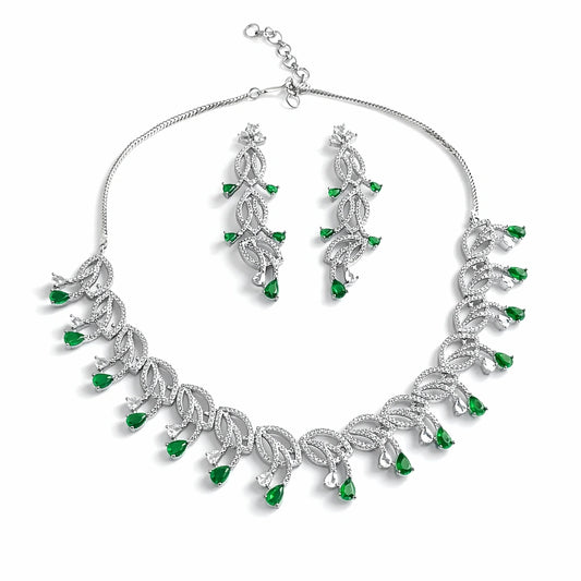 Green Stone Necklace Set with Earrings for Women | American Diamond Artificial Jewellery Party Wear