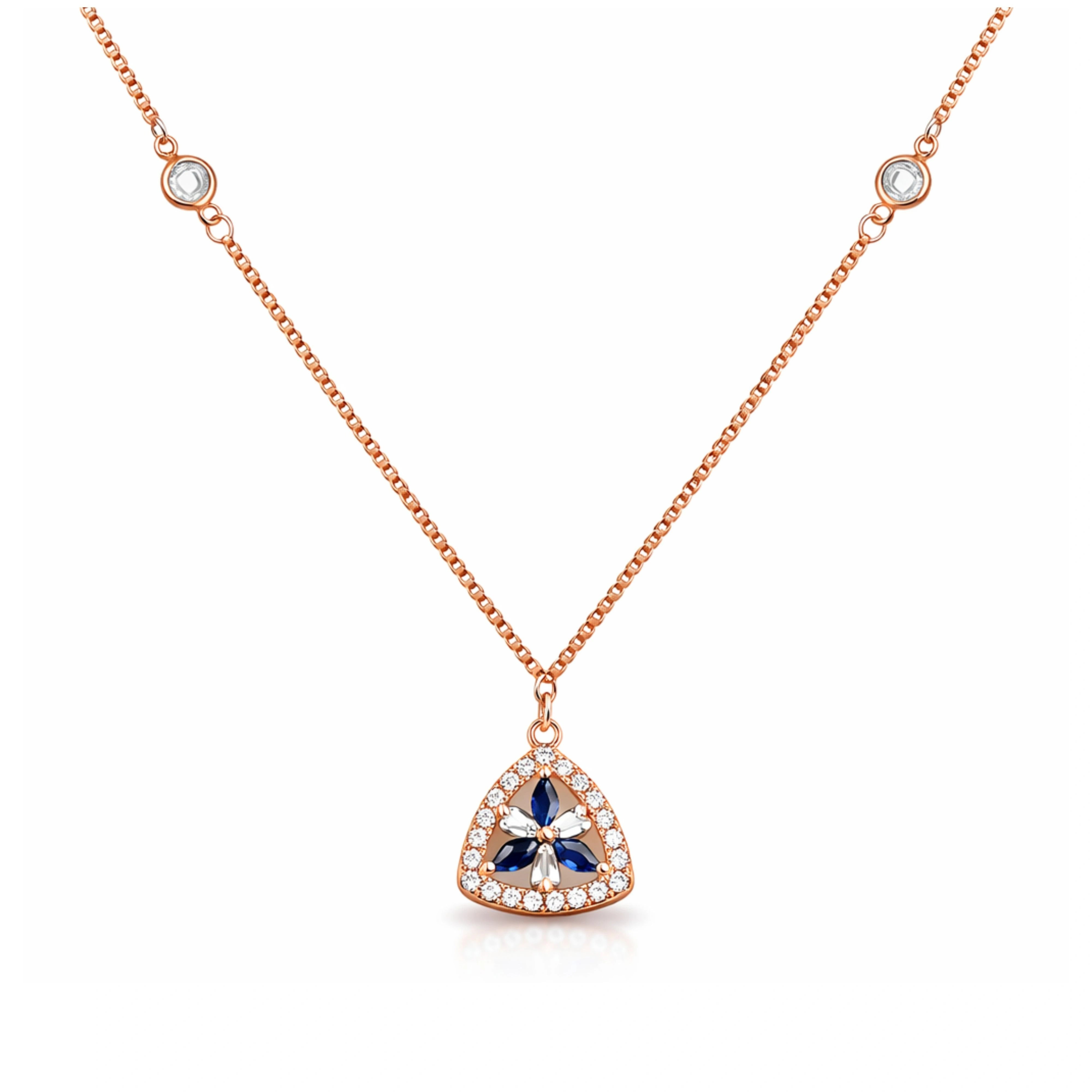 925 Silver Rose Gold Floral Triangle Pendant Necklace with Blue & White Stones