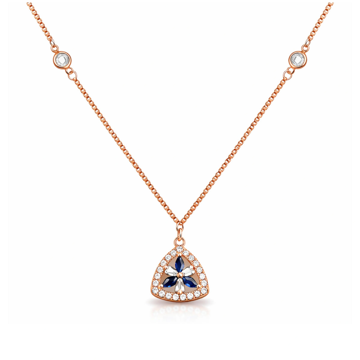 925 Silver Rose Gold Floral Triangle Pendant Necklace with Blue & White Stones