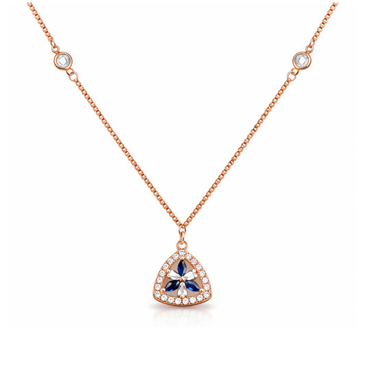 Rose Gold Floral Triangle Pendant Necklace with Blue & White Stones