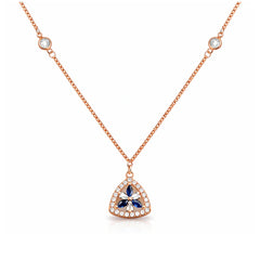 925 Silver Rose Gold Floral Triangle Pendant Necklace with Blue & White Stones