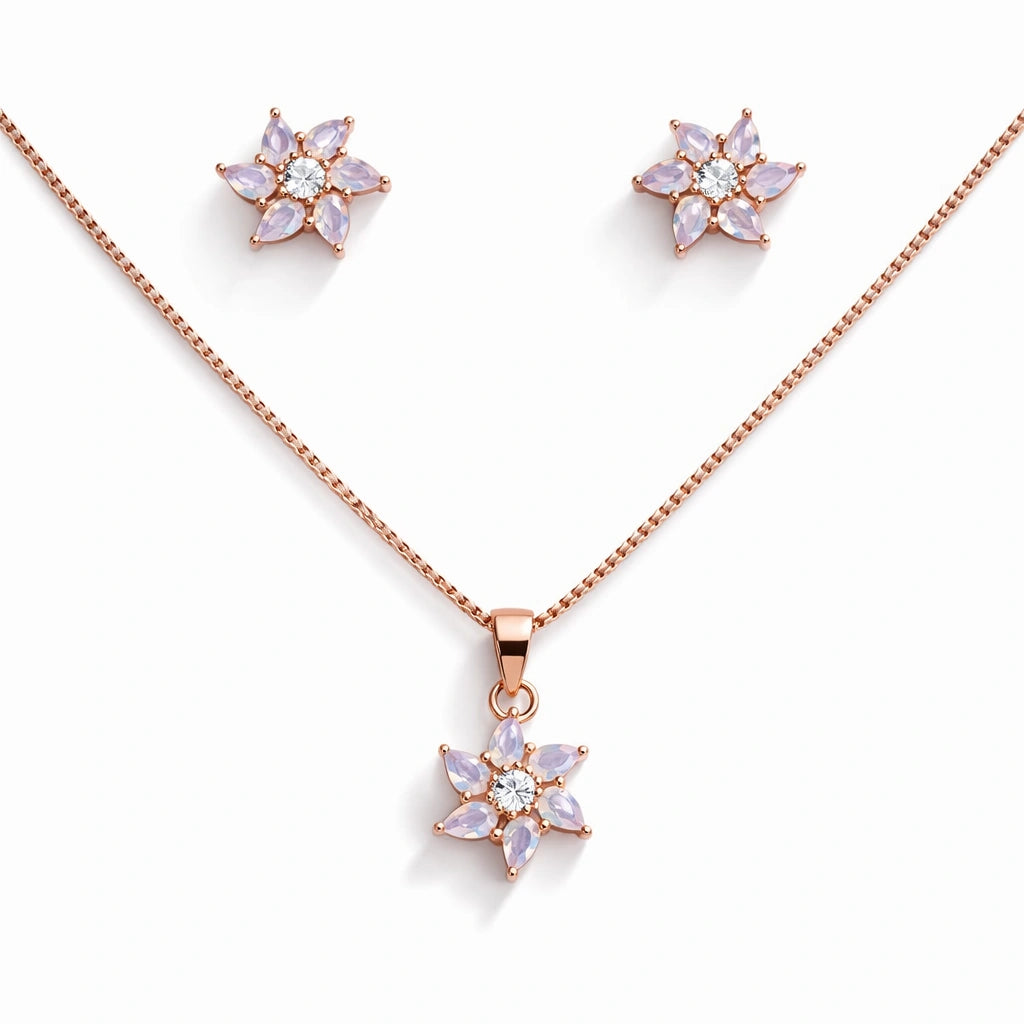 925 Sterling Silver Rose Gold Plated Flower Pendant Set with Stud Earrings for Women