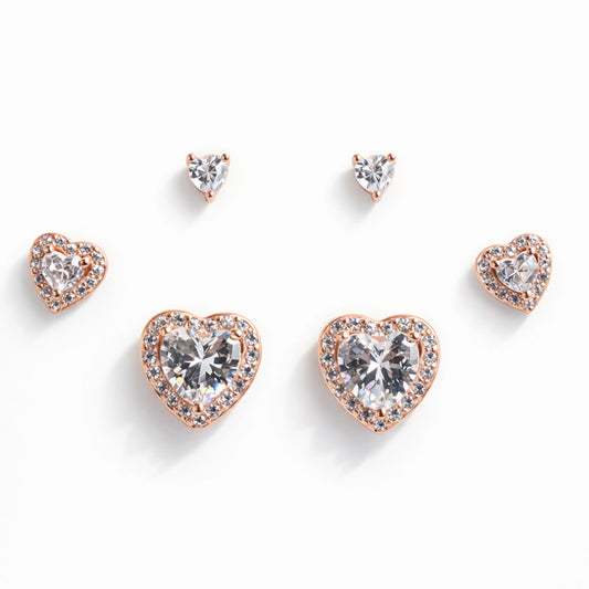 925 Sterling Silver Rose Gold Crystal Heart Earrings Set | 3 Pair Stud Earrings