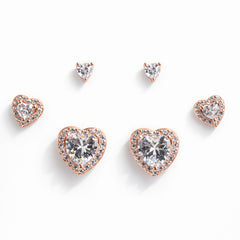 925 Sterling Silver Rose Gold Crystal Heart Earrings Set | 3 Pair Stud Earrings