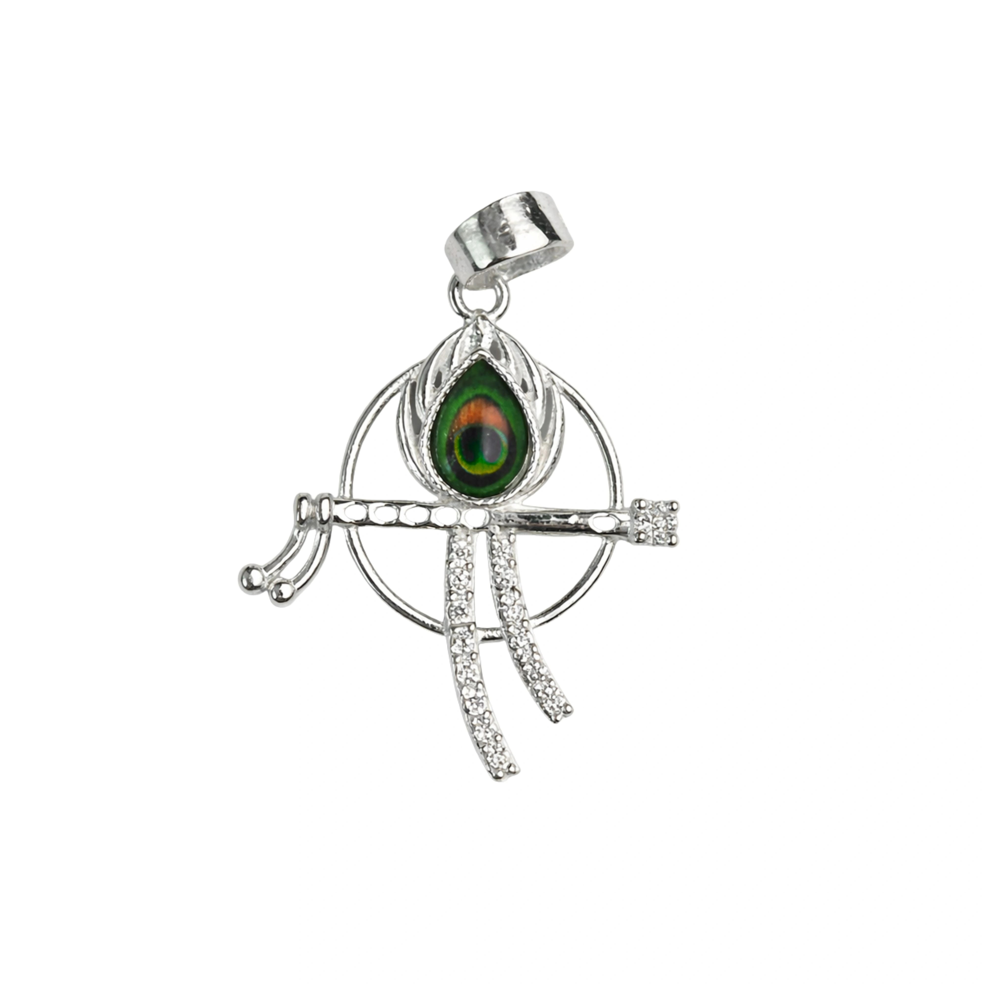 925 Sterling Silver Krishna Flute Pendant with Peacock Feather & CZ Stones