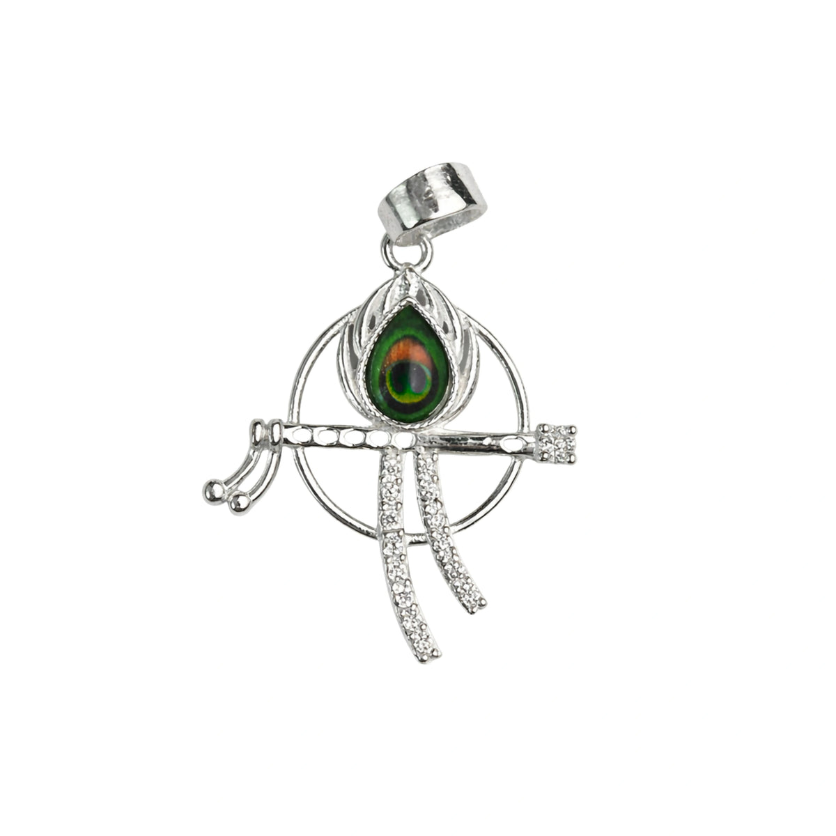 925 Sterling Silver Krishna Flute Pendant with Peacock Feather & CZ Stones