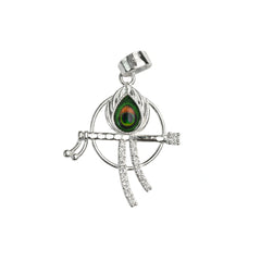 925 Sterling Silver Krishna Flute Pendant with Peacock Feather & CZ Stones