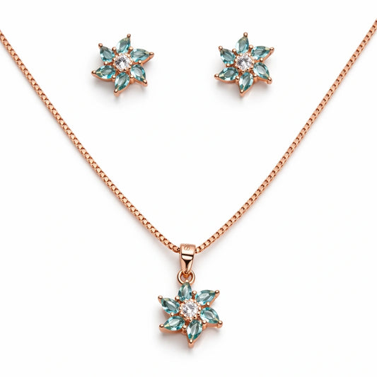925 Sterling Silver Rose Gold Plated Green Stone Flower Pendant Set with Earrings