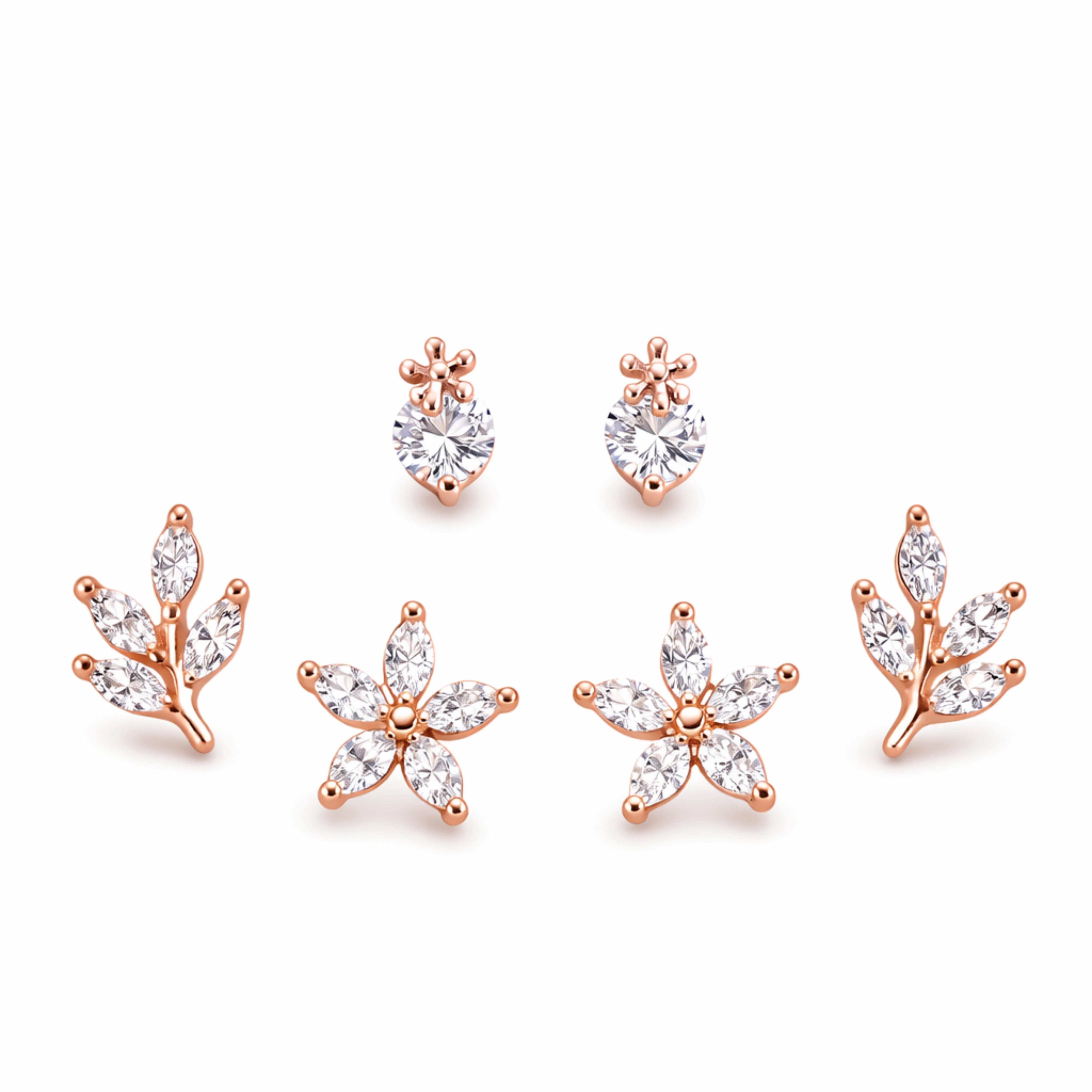 925 Sterling Silver Rose Gold Floral Earrings Set | 3 Pair CZ Flower & Leaf Studs