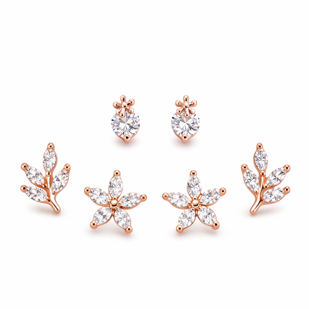 925 Sterling Silver Rose Gold Floral Earrings Set | 3 Pair CZ Flower & Leaf Studs