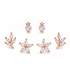 925 Sterling Silver Rose Gold Floral Earrings Set | 3 Pair CZ Flower & Leaf Studs