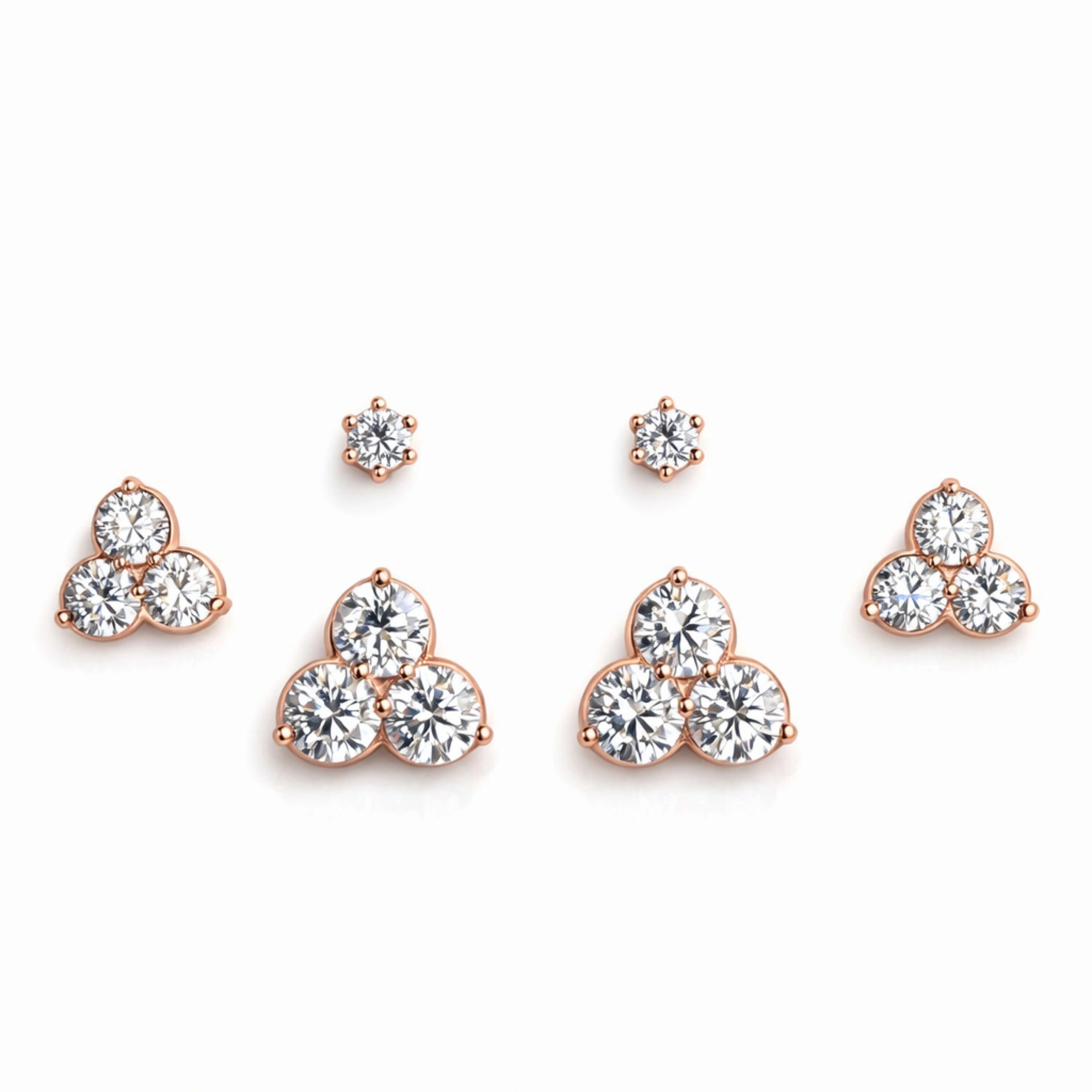 925 Sterling Silver Rose Gold Cluster Earrings Set | 3 Pair CZ Stud Trio